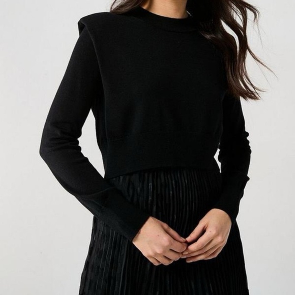 All Saints Merino Wool Cropped Black Long Sleeve Sweater